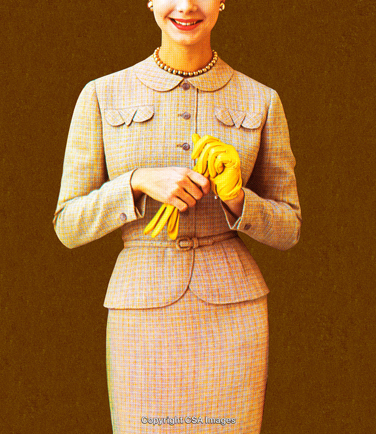 Elegant Woman Wearing Plaid Suit and Holding Yellow Leather Gloves