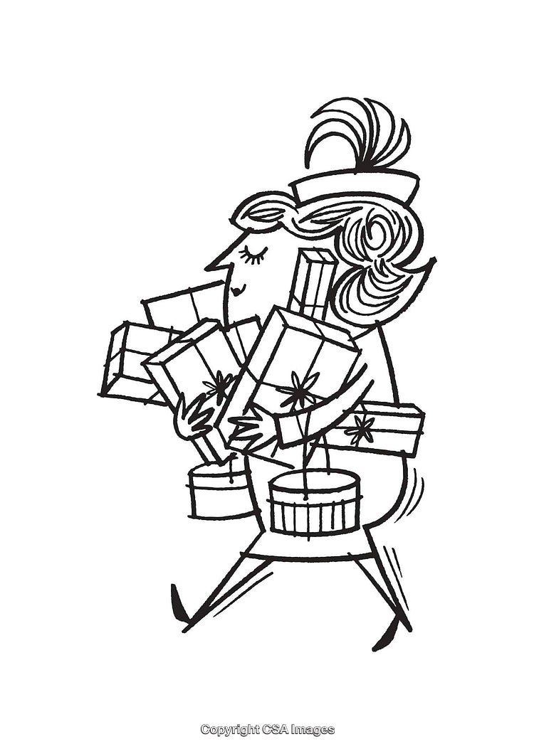 Retro Black and White Art of Woman Carrying Holiday Gifts
