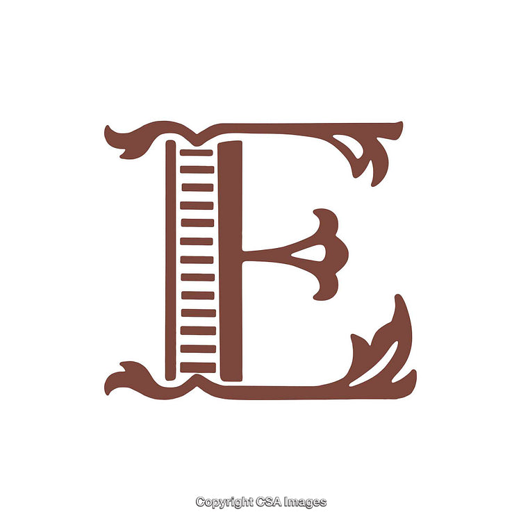 Ornate Decorative Letter E with Elegant Flourishes in Brown Tone