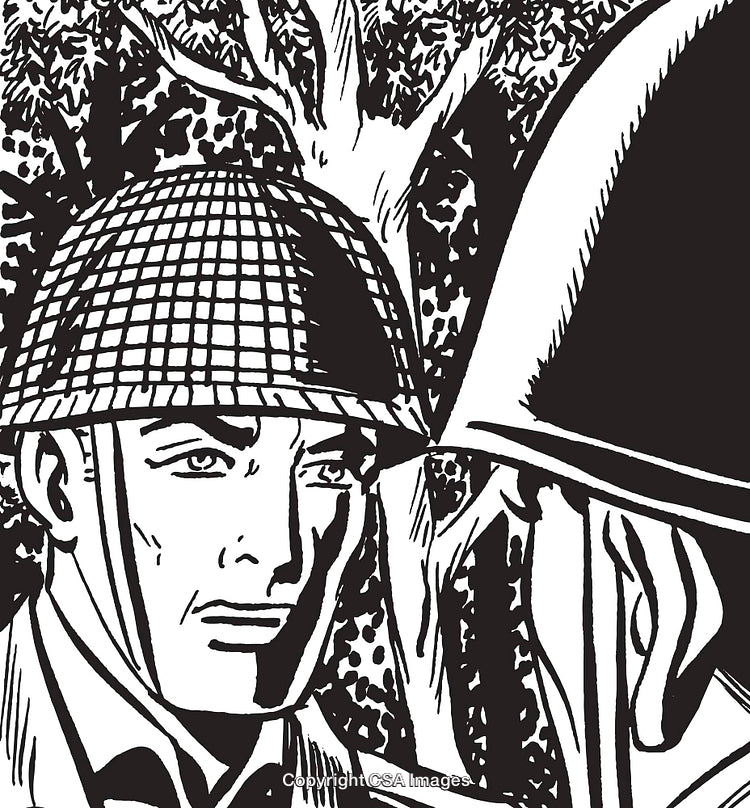 Black and White Illustration of Soldiers in Battle Helmets with Forest Background
