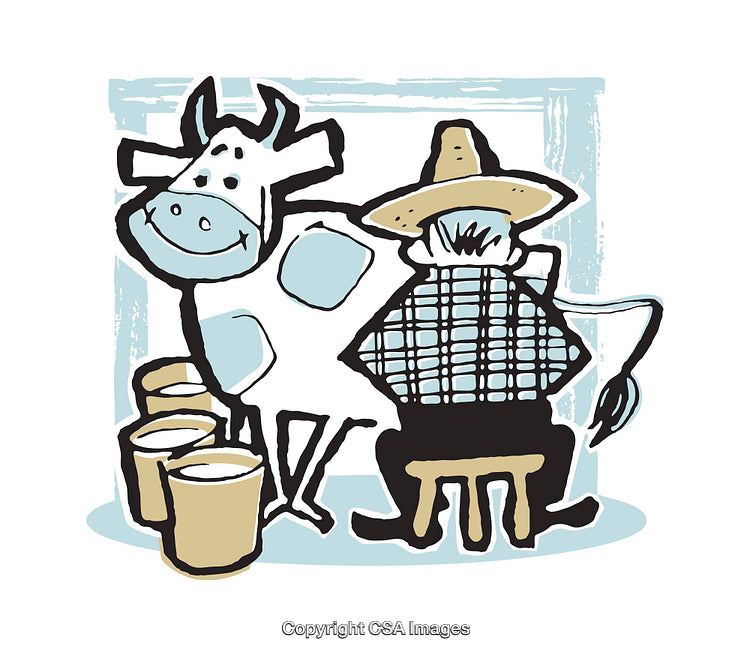 Cartoon Farmer Milking a Happy Cow with Buckets of Milk