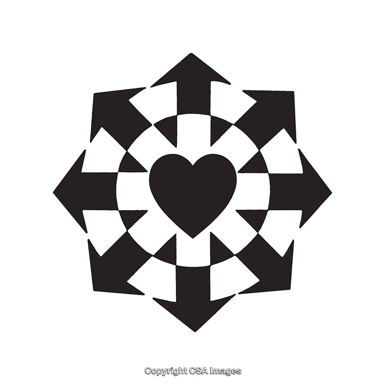 Black and White Heart Icon with Radiating Arrows Design