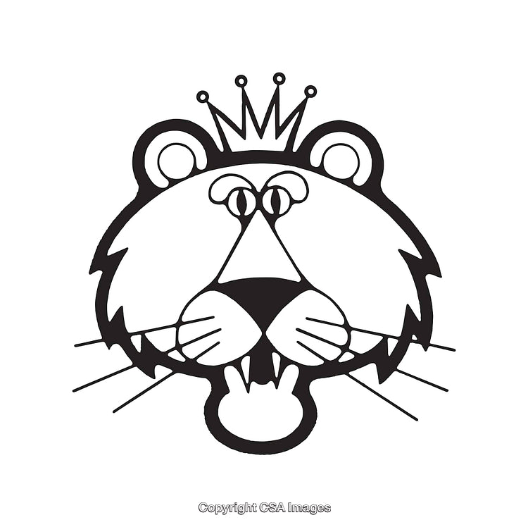 Cartoon Lion Illustration with Crown in Black and White Line Art
