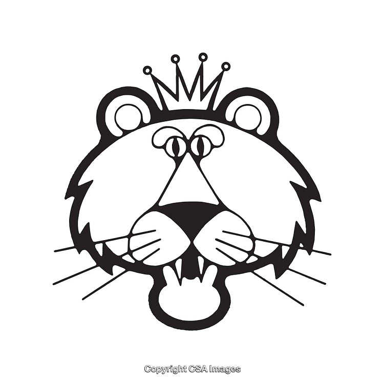 Cartoon Lion Illustration with Crown in Black and White Line Art