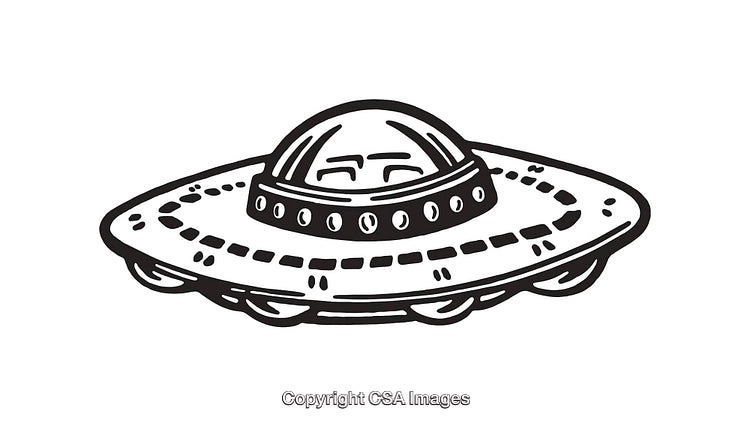 Black and White Line Art Illustration of a Flying Saucer UFO