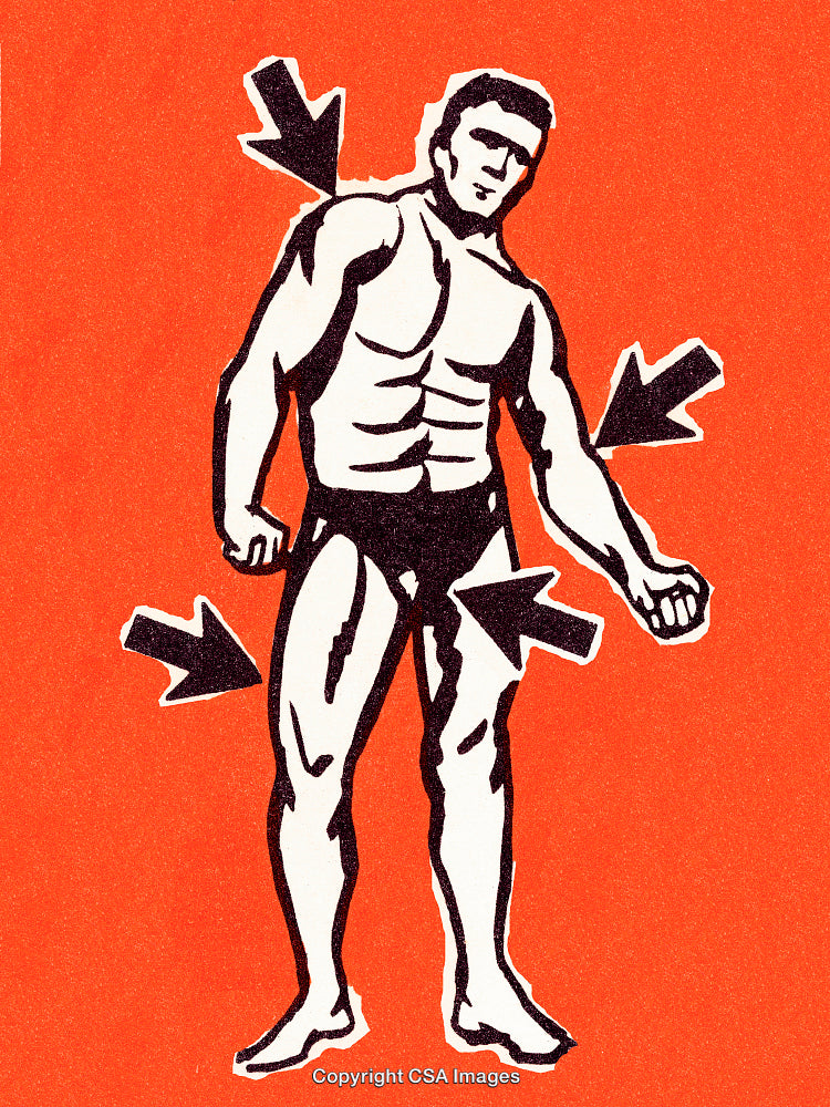Illustration of Muscular Man with Arrows on Bright Red Background
