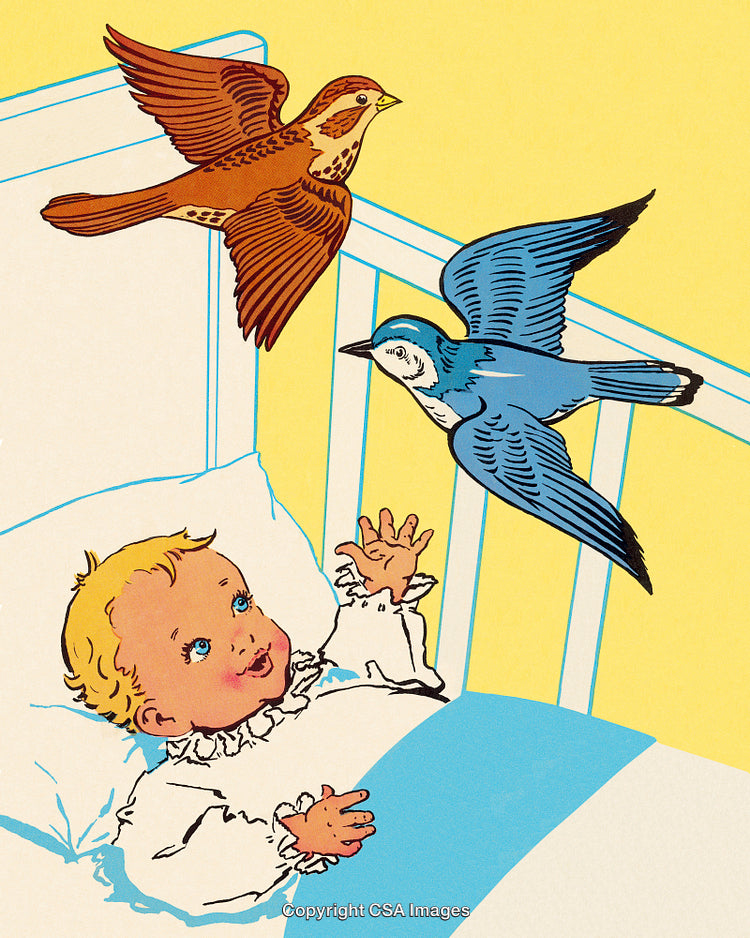 Charming Illustration of Baby in Bed with Flying Birds Above