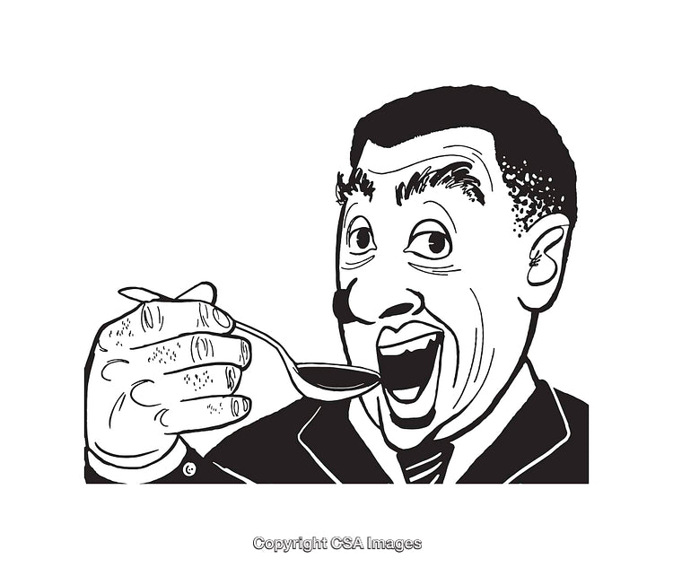 Black and White Illustration of a Happy Man Enjoying a Spoon