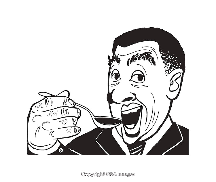 Black and White Illustration of a Happy Man Enjoying a Spoon