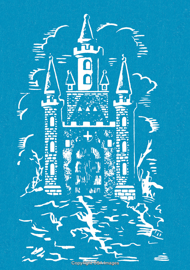 Illustrated Fantasy Castle Design with Gothic Elements in Bold Blue and White