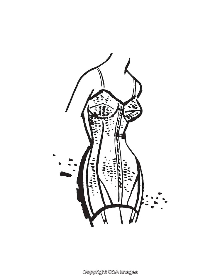 Vintage Black and White Illustration of a Corset Design Sketch