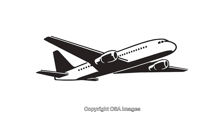 Black and White Line Art Drawing of a Commercial Airplane in Flight