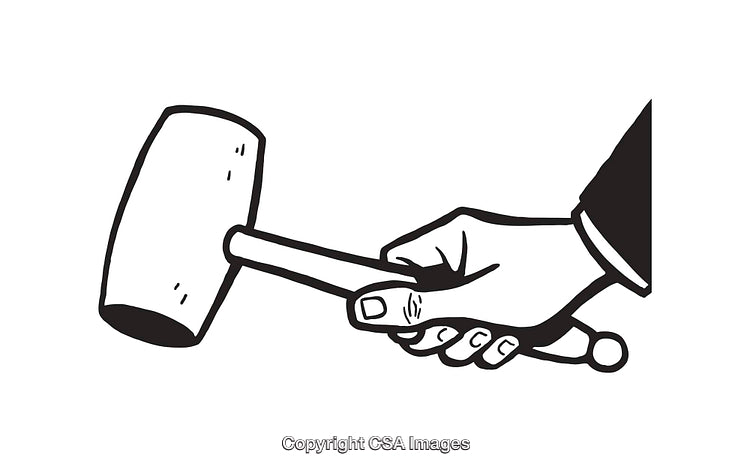 Black and White Line Art Illustration of a Hand Holding a Rubber Mallet
