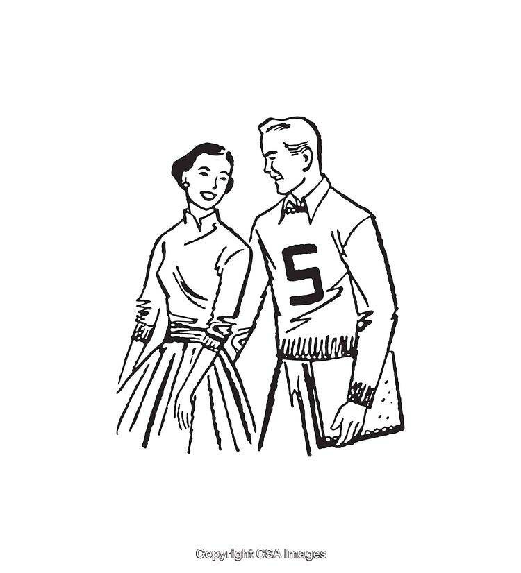 Retro Line Art of Smiling Couple in Mid-Century Style Clothing