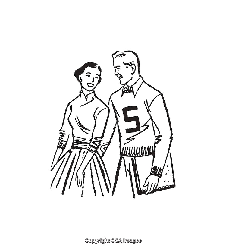 Retro Line Art of Smiling Couple in Mid-Century Style Clothing