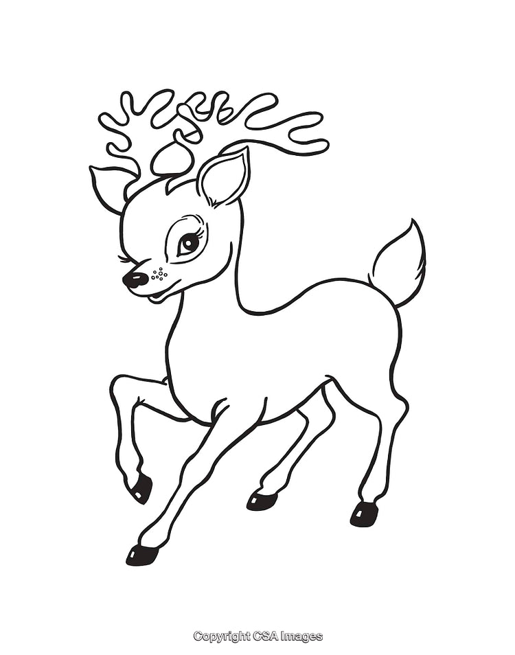 Cute Black and White Line Drawing of a Prancing Reindeer