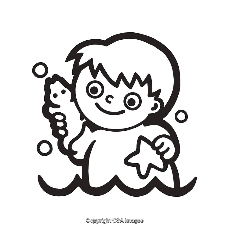 Black and White Line Art of a Smiling Child Holding Toys