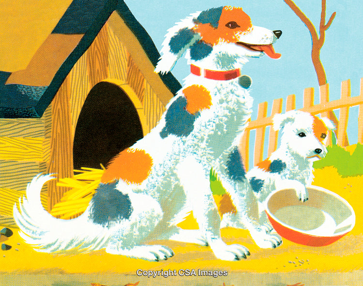 Colorful Illustration of Playful Dogs Near a Wooden Doghouse in a Garden