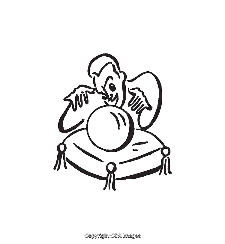 Black and White Illustration of Fortune Teller in Mystical Scene