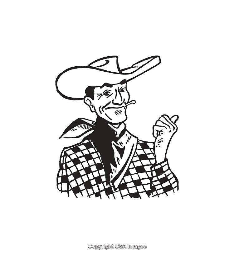 Black and White Line Art Drawing of a Cowboy Giving a Thumbs-Up Gesture
