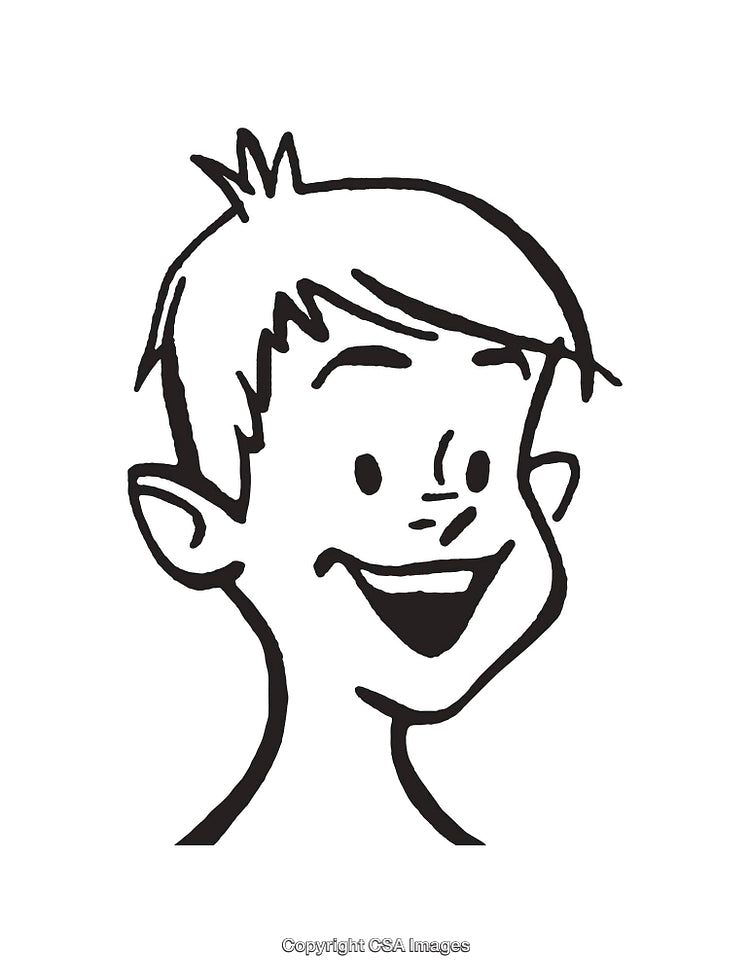 Black and White Line Art Illustration of a Smiling Boy's Face