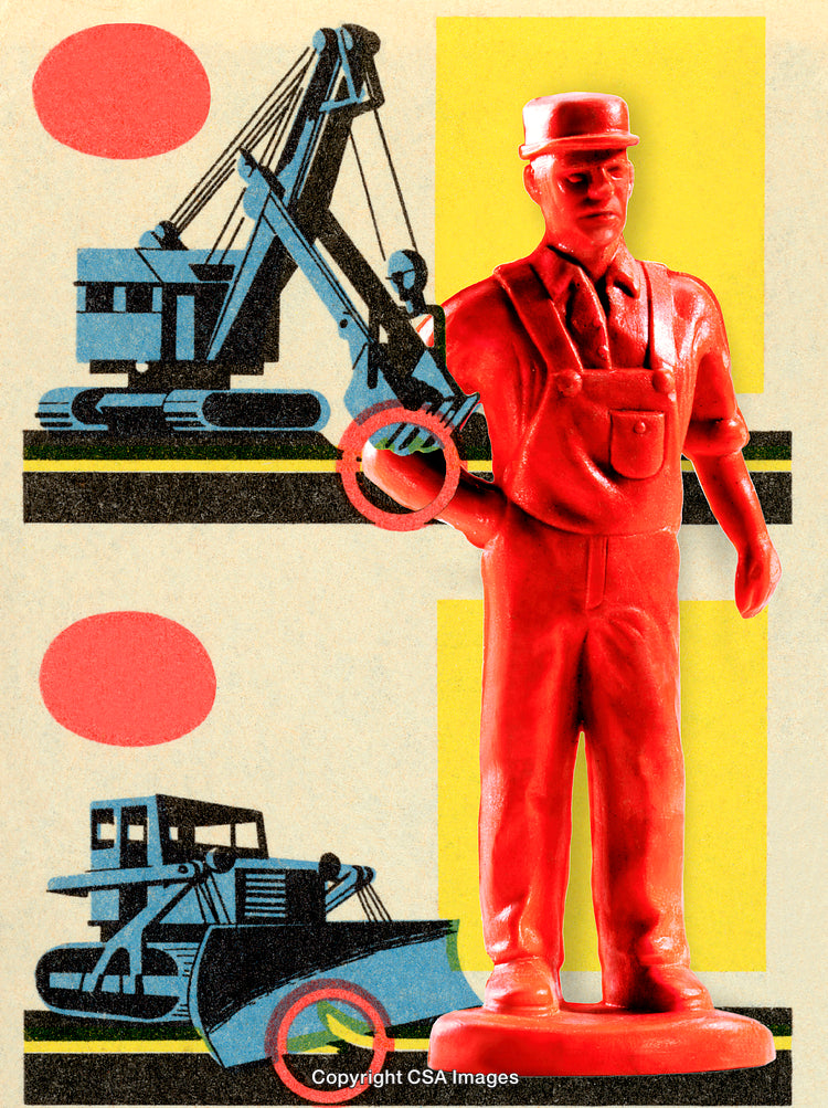 Retro Toy Figure With Vintage Industrial Machinery Artwork