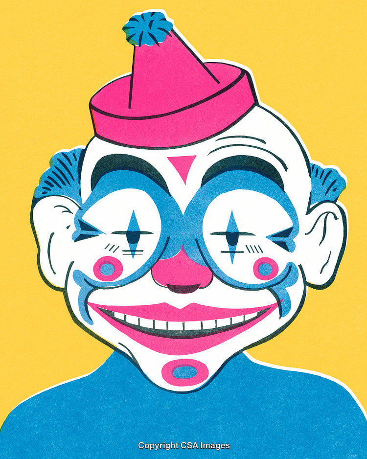 Colorful Artistic Illustration of a Smiling Clown on a Vibrant Background