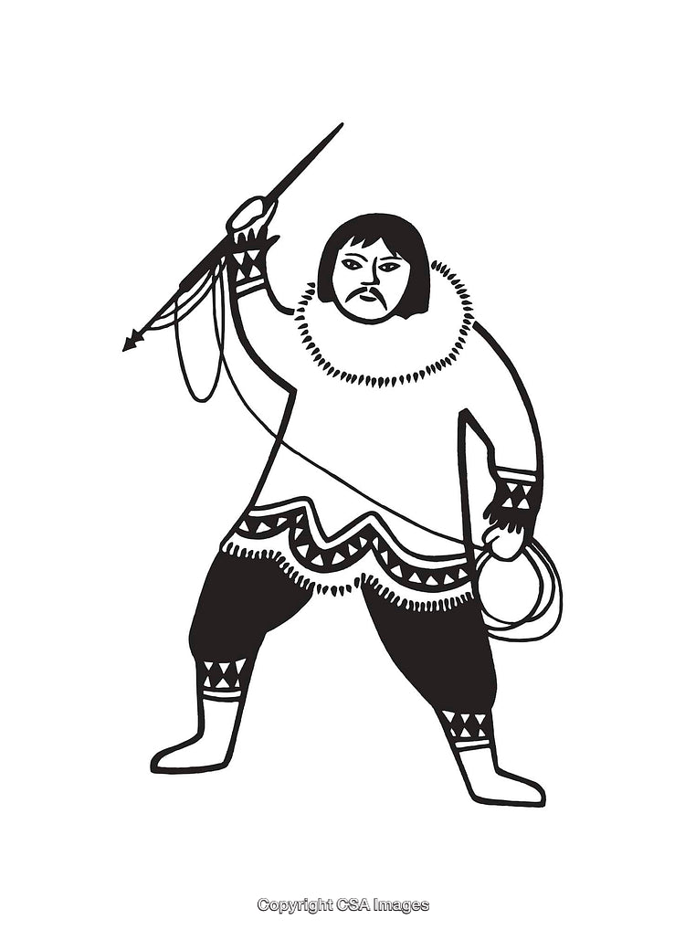 Black and White Line Art Illustration of a Hunter with a Spear