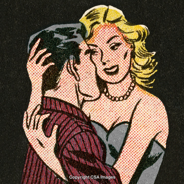 Vintage Comic-Style Illustration of a Romantic Embrace Depicting Love and Nostalgia