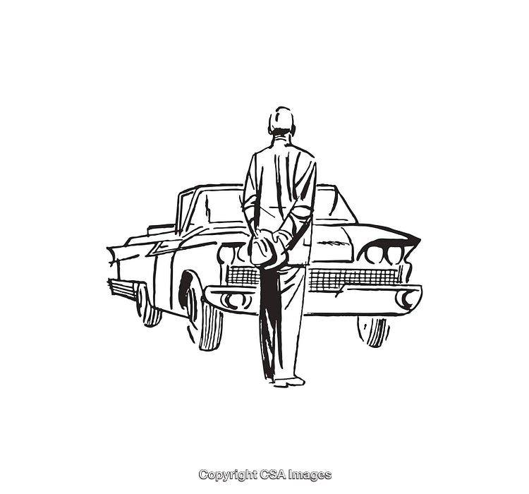 Classic Car Illustration with Man Holding Hat in Black and White