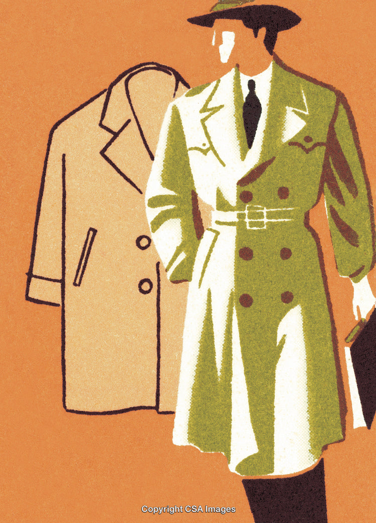 Stylish Businessman in Retro Trench Coat Illustration with Bold Background