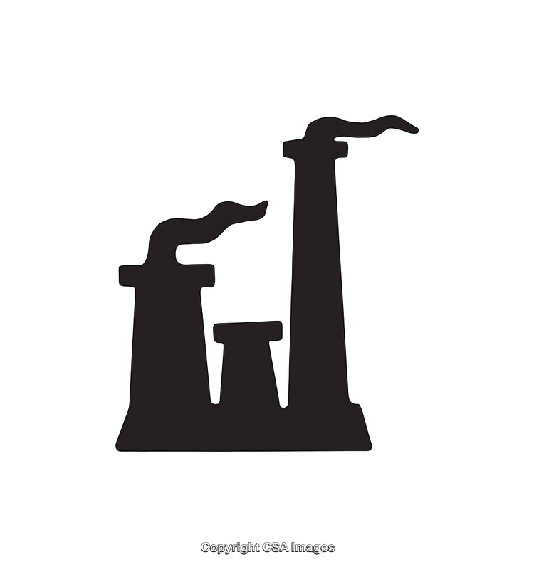 Black and White Icon of Factory with Smoke Stacks Emitting Fumes