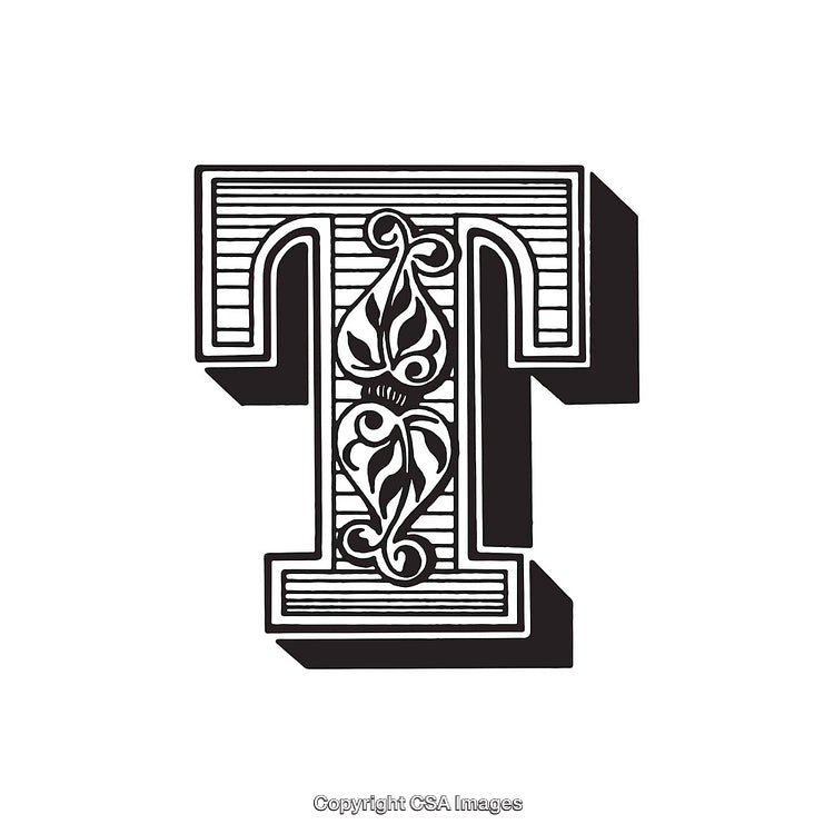 Ornate Black And White Letter T With Decorative Flourish Design