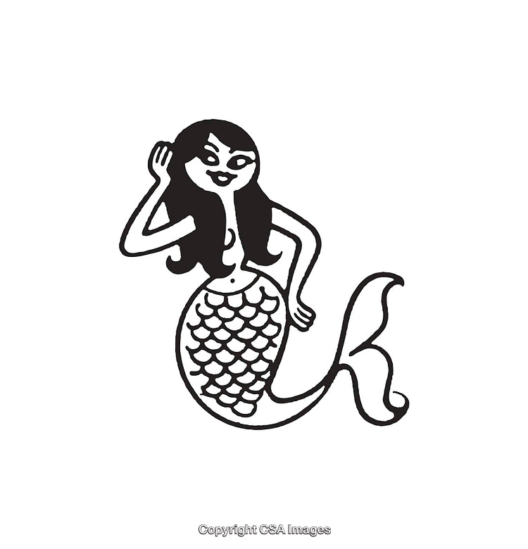 Black and White Line Art Illustration of a Playful Mermaid Character