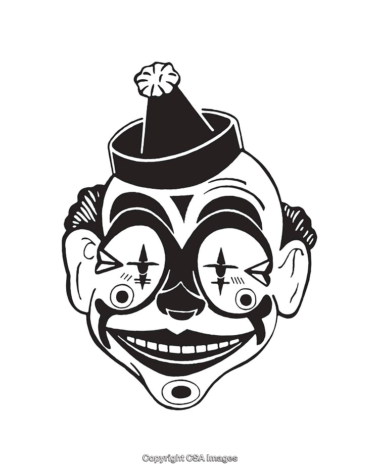 Monochrome Line Art Illustration of Detailed Clown Face with Hat