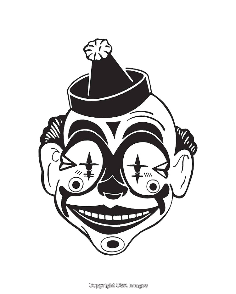 Monochrome Line Art Illustration of Detailed Clown Face with Hat
