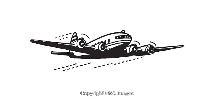 Vintage Black And White Line Drawing of a Flying Airplane