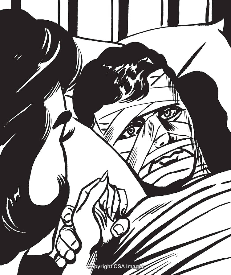 Dramatic Black and White Illustration Featuring an Injured and Caring Moment