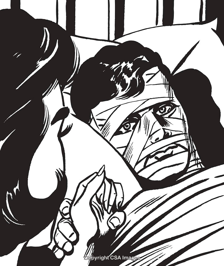 Dramatic Black and White Illustration Featuring an Injured and Caring Moment