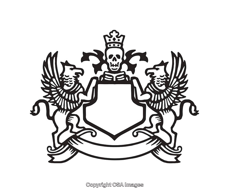 Black and White Heraldic Emblem with Gryphons, Shield, and Crown