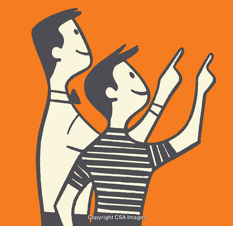 Illustration of Two People Pointing Upward on an Orange Background