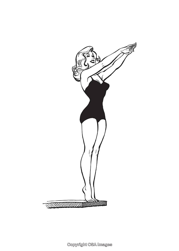 Black and White Illustration of a Classic Figure in Swimsuit Pose