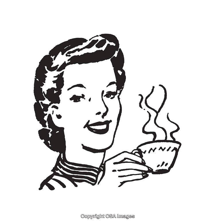Retro Styled Line Art of Woman Holding a Cup of Coffee