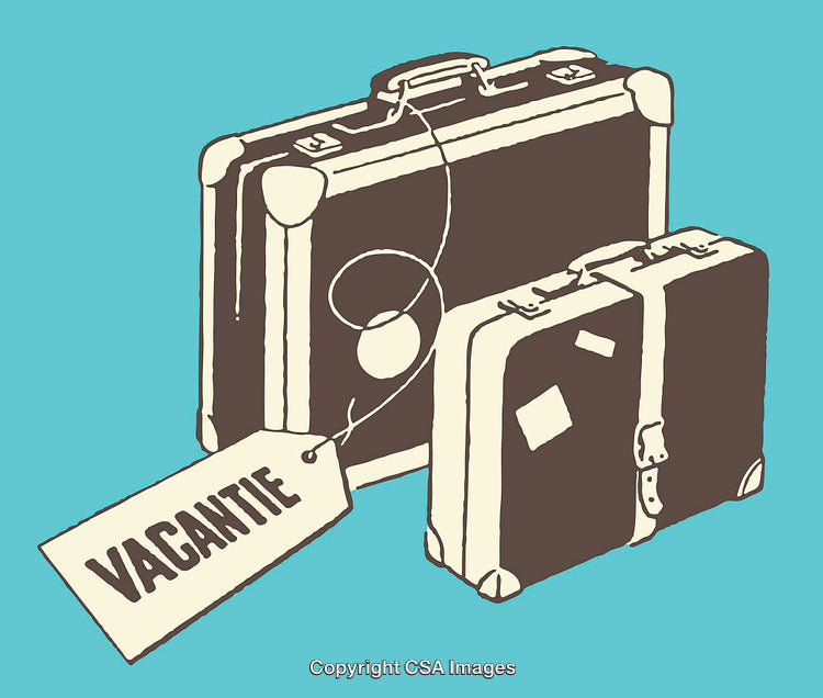 Vintage Style Luggage Illustration with Vacation Label on Blue Background