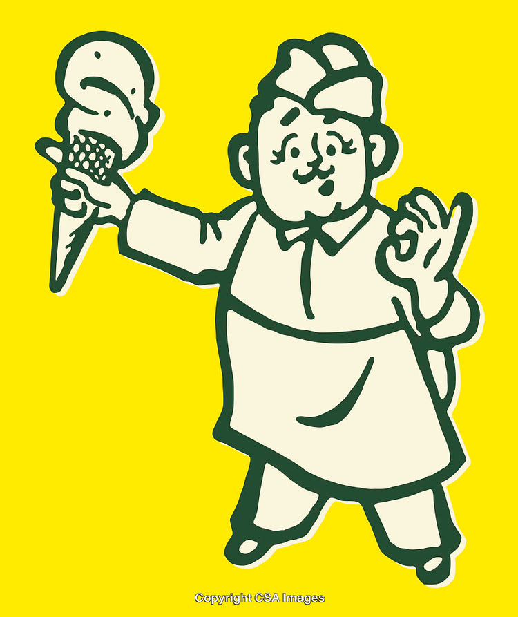 Vintage Line Art of Ice Cream Vendor in Cheerful Yellow Background