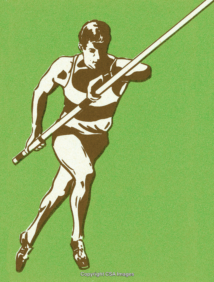 Illustration of an Athlete Performing a Dynamic Pole Vault Maneuver