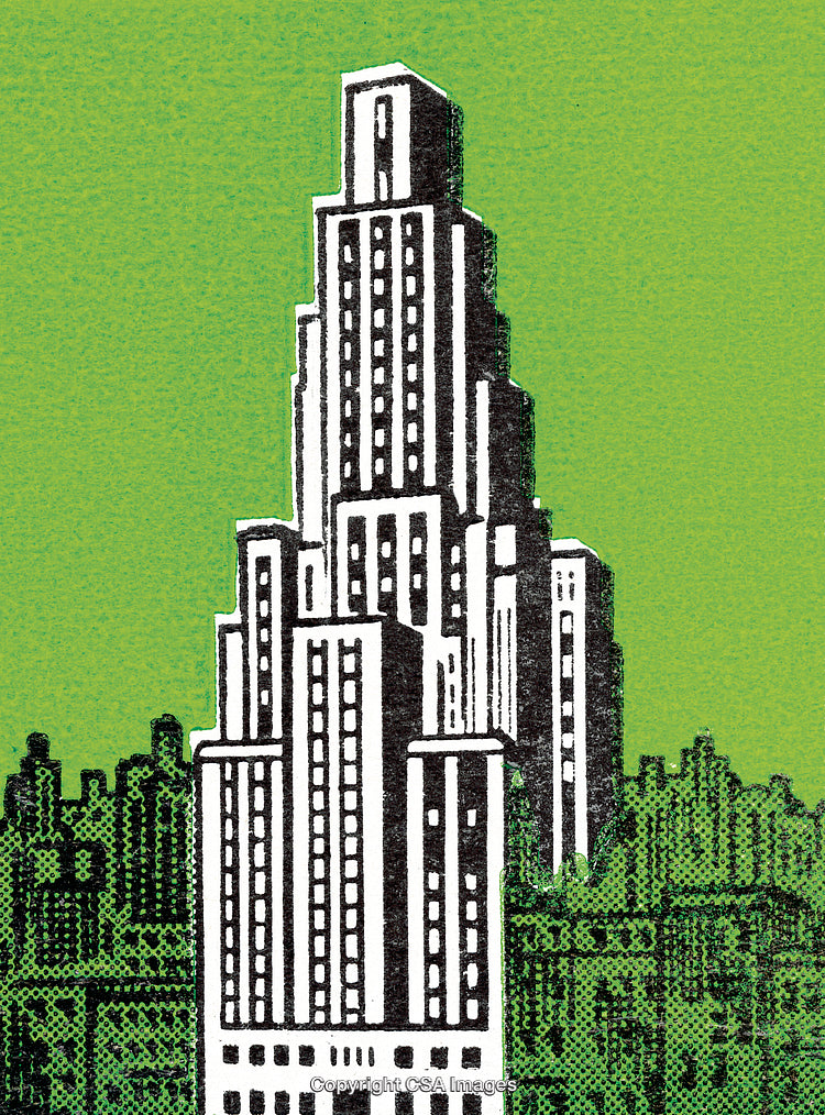 Stylized Illustration of a Towering Skyscraper Over a Green Background