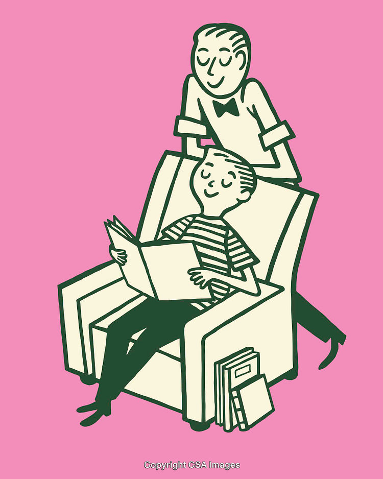 Retro Illustration of Father and Son Reading Together in Armchair