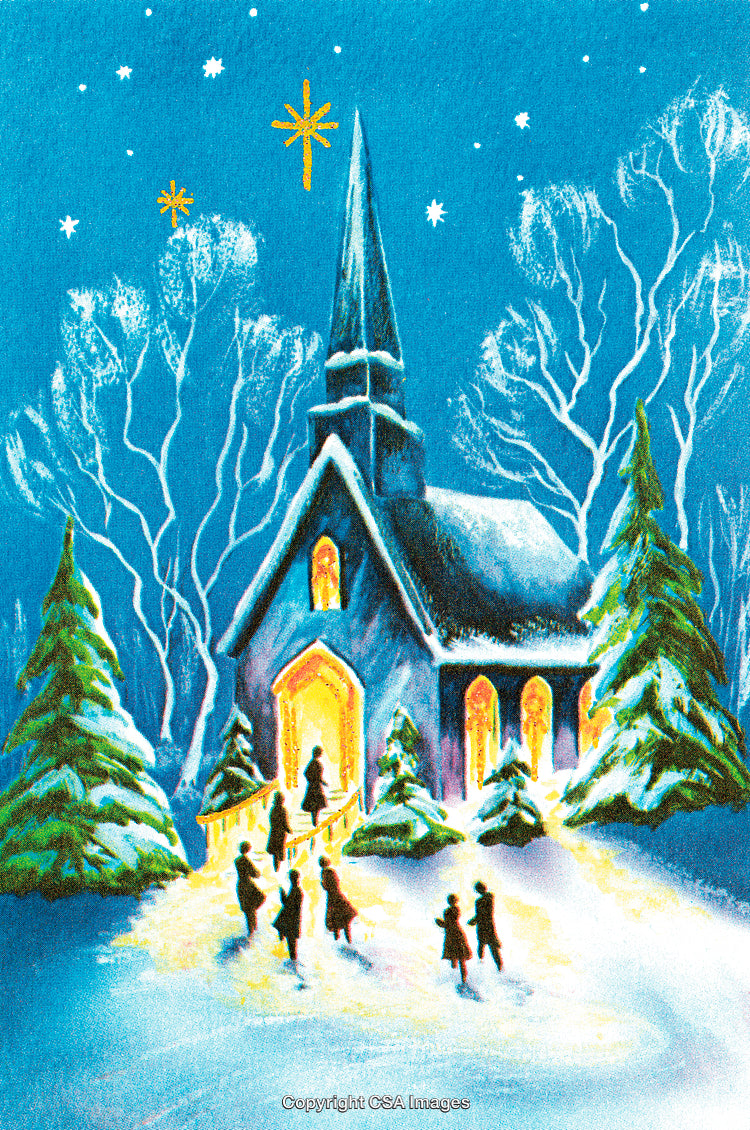Snowy Chapel at Night During a Festive Winter Gathering