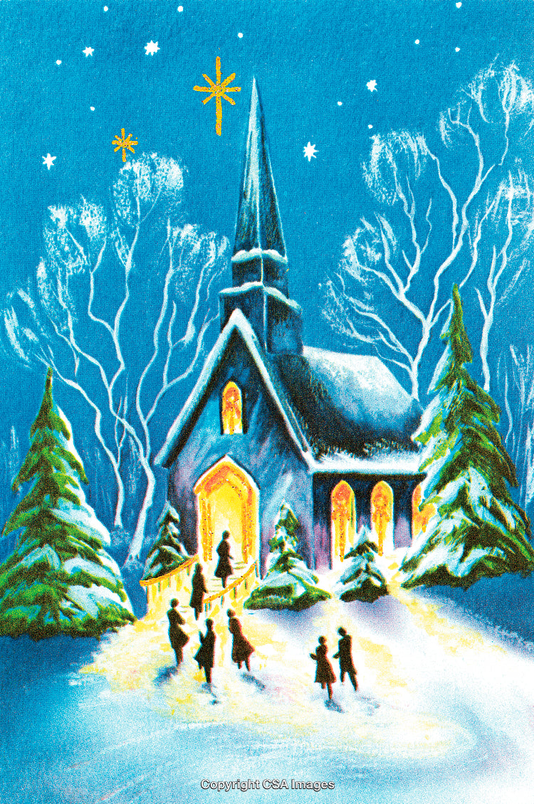Snowy Chapel at Night During a Festive Winter Gathering